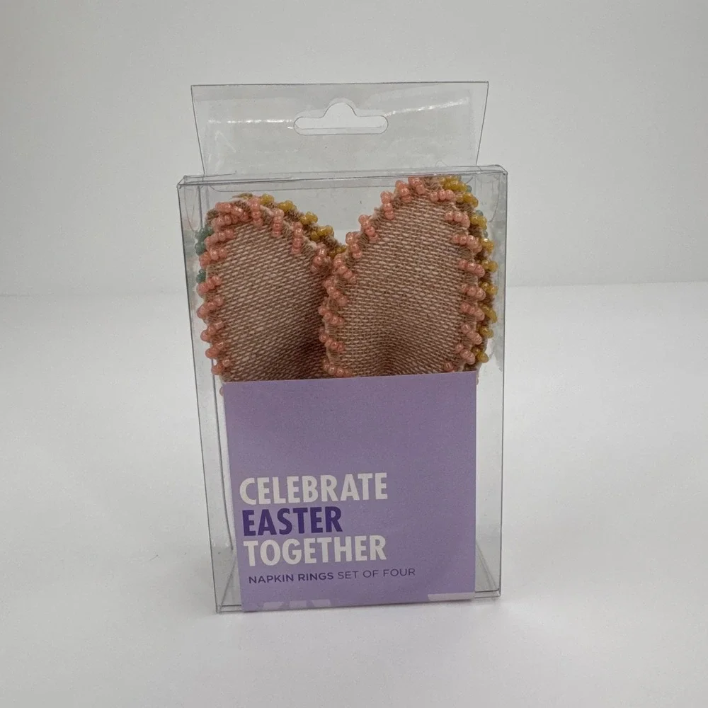 Celebrate Easter Together Bunny Ear Napkin Rings Set of 4 Beaded Pastel Multi‎